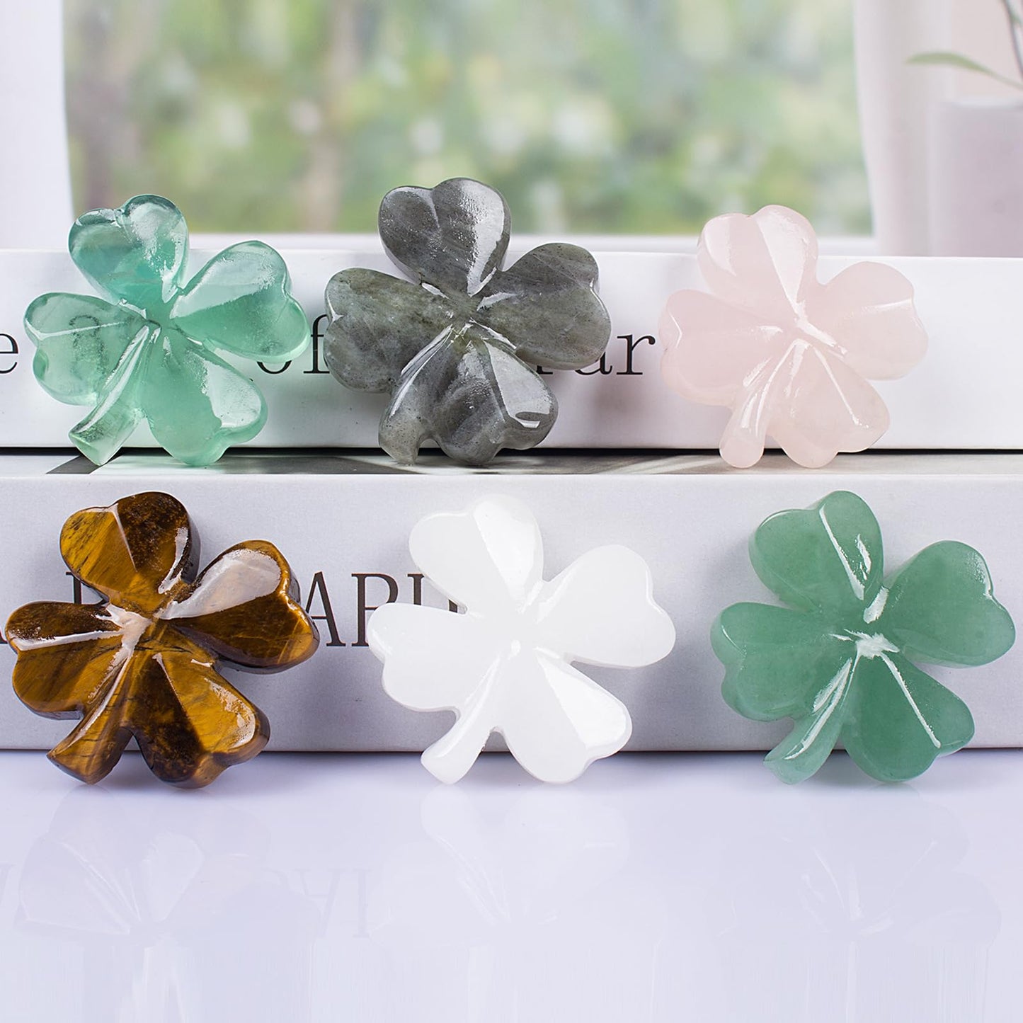 Hguxmcu Natural Rose Quartz Four Leaf Clover - Feng Shui Lucky Crystal for Love Positivity, Polished Healing Stone Decor, Birthday Gift for Her Gift for Women Men