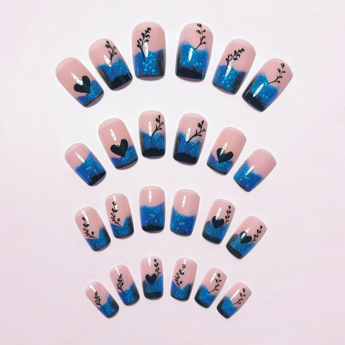 Blue Gradient French Tip Press on Nails Short Square Shaped False Nails Heart Love Pattern Designs Glitter Acrylic Fake Nails Full Cover Glossy Artificial Stick on Nail Women Nail Art DIY 24 Pcs