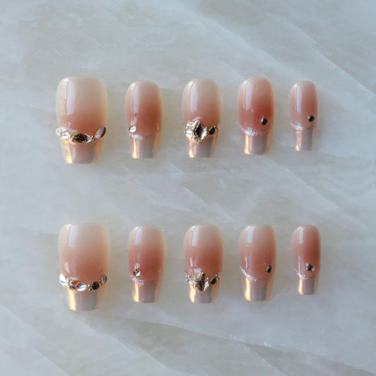 [GLORS] Purly Handmade Medium Ballerina Press on Nails | Moon Dream - French-style Pink Fake False Nail Tips with Diamond, 10 Pieces (Medium, MB)