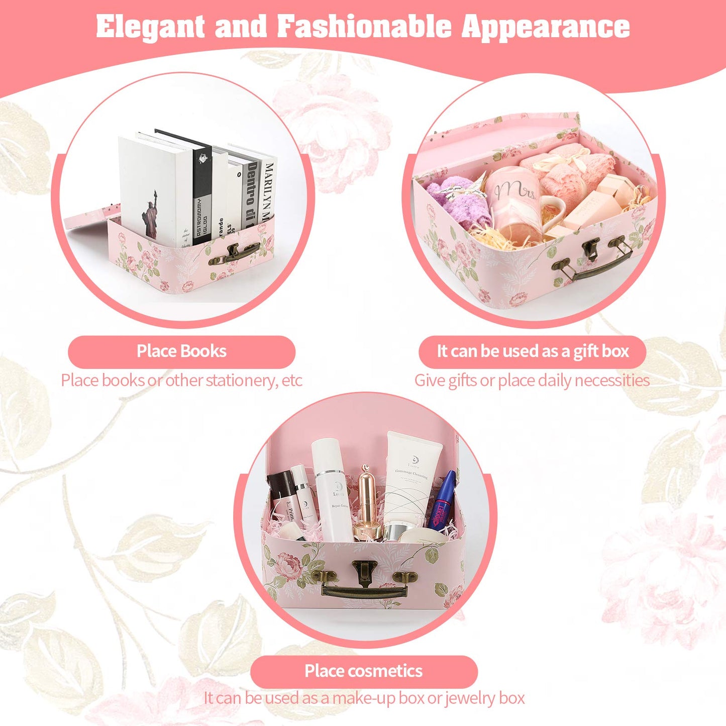Anndason Set of 3 Paperboard Suitcases Storage Box Storage Gift Boxes With Lids for Photo Storage Home Decoration, Wedding, Birthday, Anniversary and New Year Gift Decoration (3Pcs, Pink Flowers)