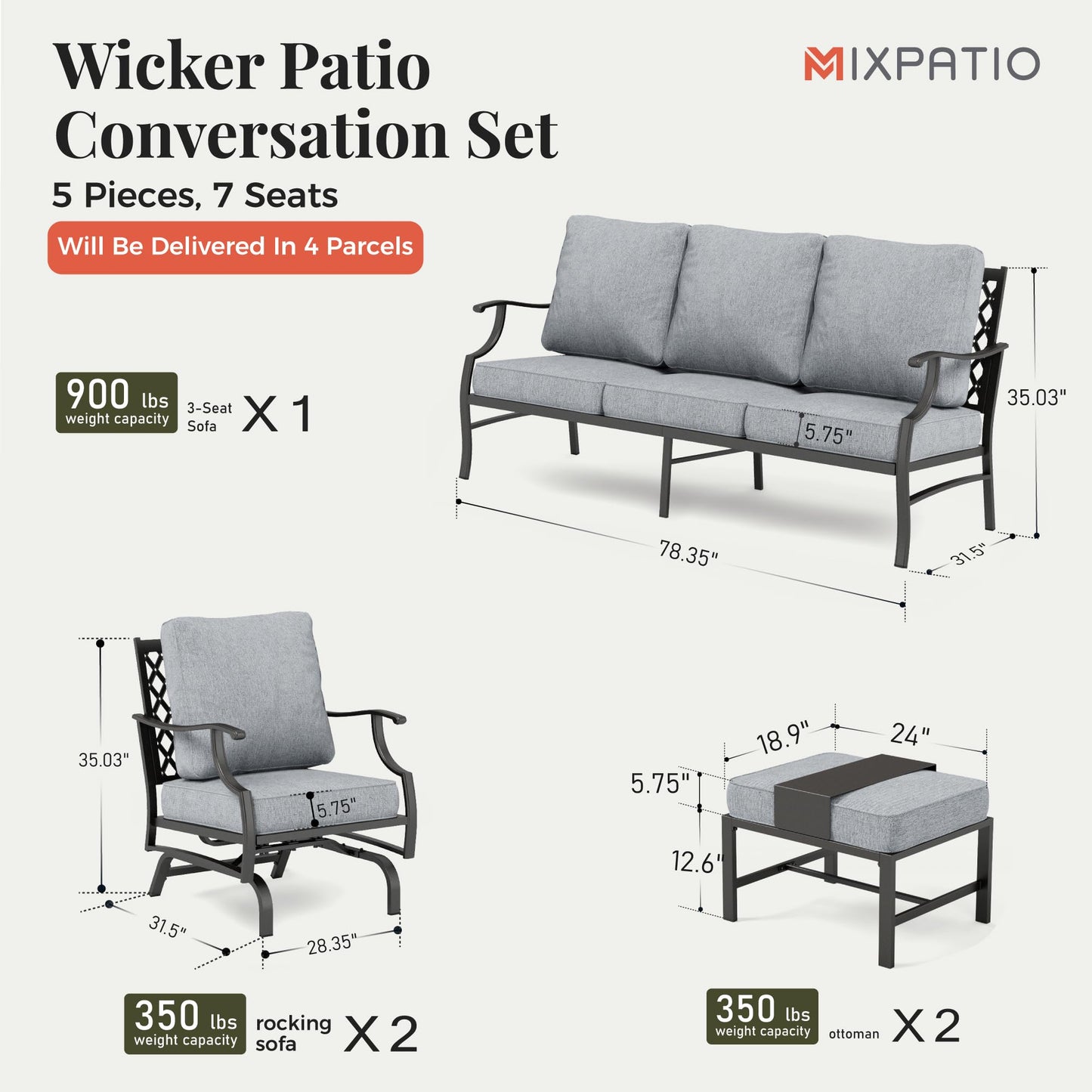 MIXPATIO Patio Furniture Set 5 pcs, Outdoor Patio Furniture, 3-Seat Sofa, 2 Rocking Chairs, 2 Ottomans and 5.75" Extra Thick Cushion, Patio Conversation Set for Garden Backyard Deck,Grey