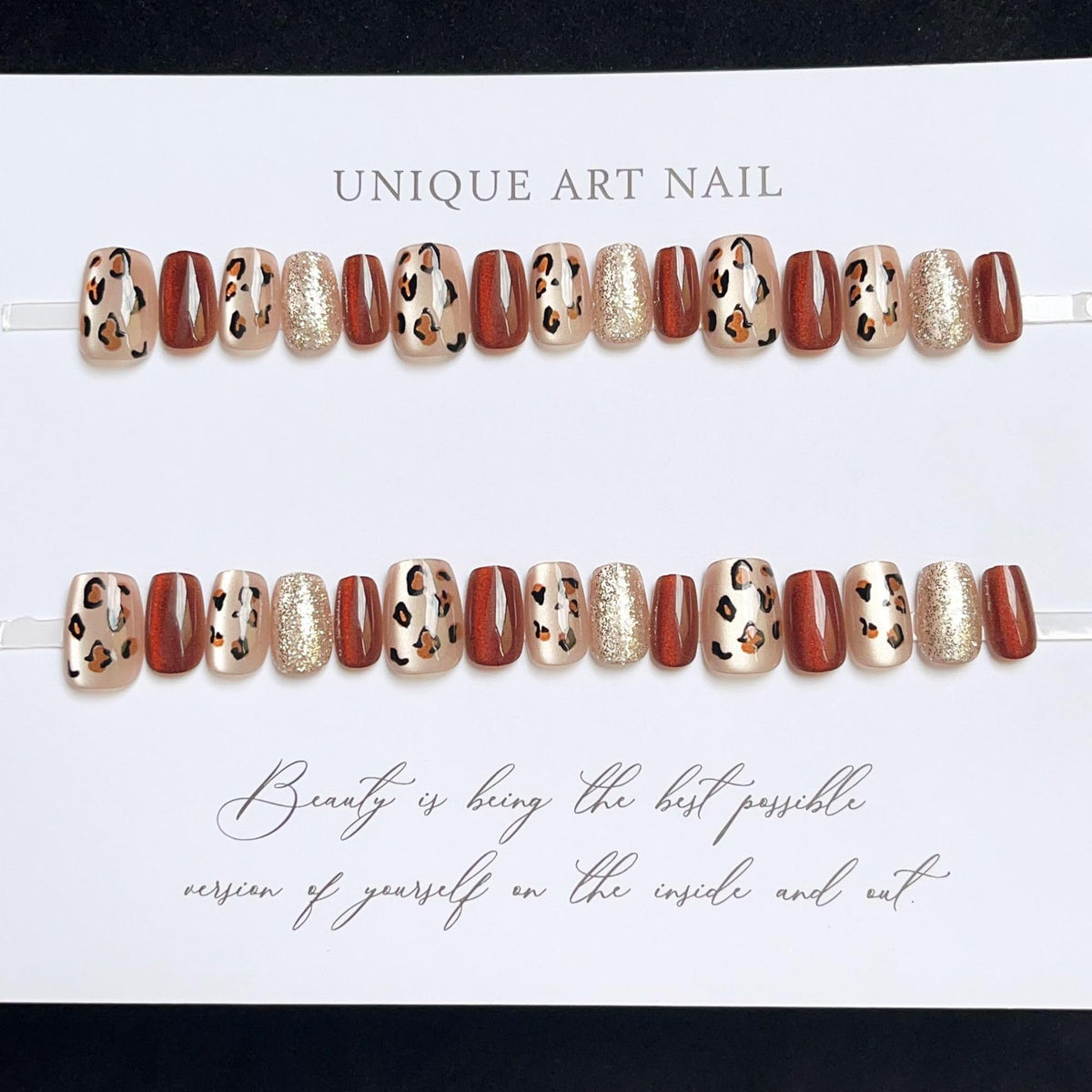 Set of 24 Wearable Short T-Shaped Detachable Nail Patches in Burgundy and Nude Shade with Glitter Leopard Print Design