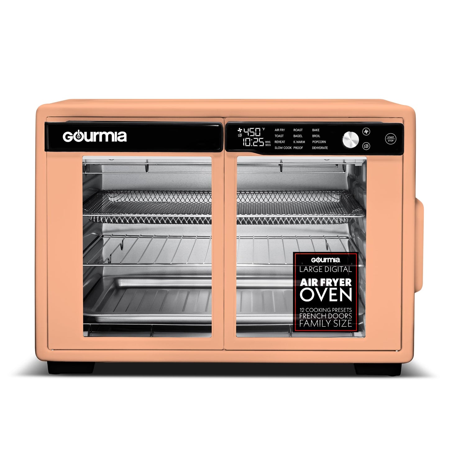 Gourmia French Door Air Fryer Oven - 37 Qt Large Capacity Convection Toaster Oven, FryForce 360°, Digital Display, 12 Cooking Presets, Dehydrate, Fits 13” Pizza, Dishwasher-Safe, Peach