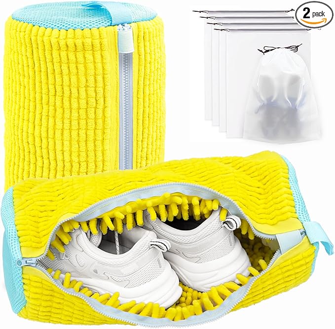 Shoe Washing Machine Bag,Laundry Shoe Bag for Washer and Dryer,Reusable Shoe Cleaning Bag for Sneakers,Tennis Shoes,With Self-locking Zipper, Microfiber Inside,Include Shoe Bag (Pro Yellow - 2 Pack)