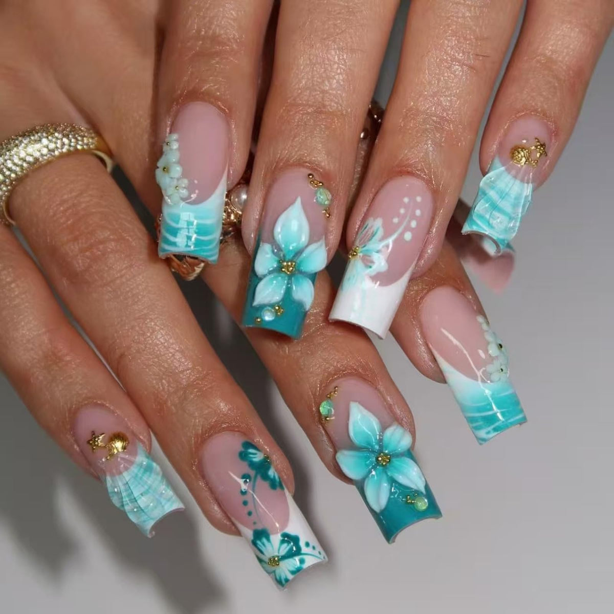 IMSOHOT Luxury Handmade Press on Nails Long Square Fake Nails with 3D Flower Designs Glossy Blue French Tips False Nails Full Cover Acrylic Glue Stick on Nails for Women