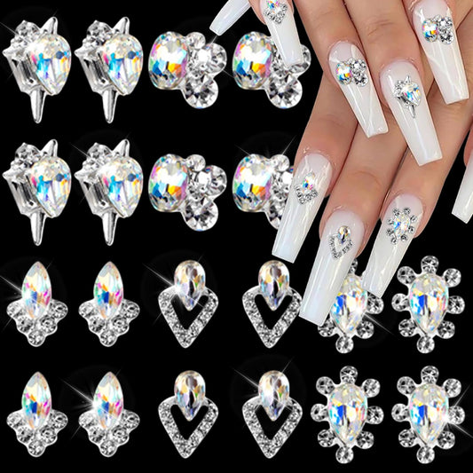 DANNEASY 20pcs AB Rhinestones Charms Flat Back Crystal Glass Silver Alloy Nail Gems Diamond 3D Jewels Decoration for Acrylic Nails Accessories