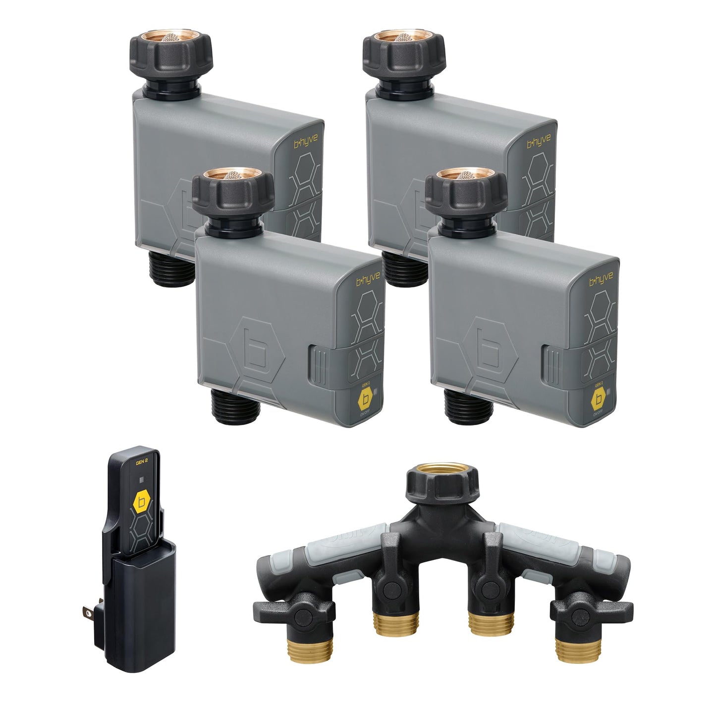 Orbit 21207 B-hyve Gen 2 Smart Hose Watering Timer, 4-Pack with Wi-Fi Hub and Hose Y Splitter