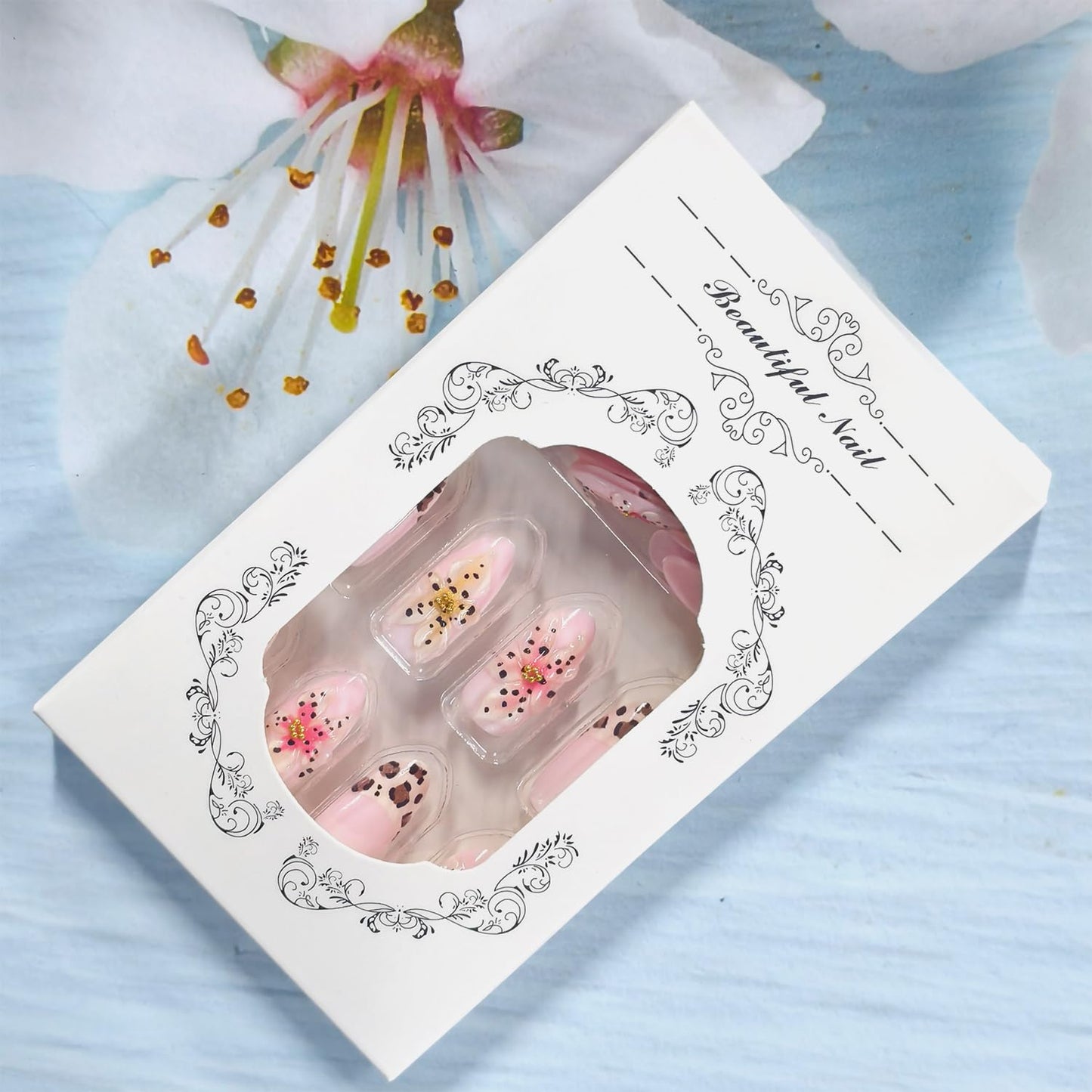 TBRZTR 30Pcs Flower Press on Nails Medium Artificial Almond Acrylic Fake Nails French Leopard Print 3D Floral with Gold Beads Stick on Nail Full Cover Reusable Coffin Artificial Fingernails for Women