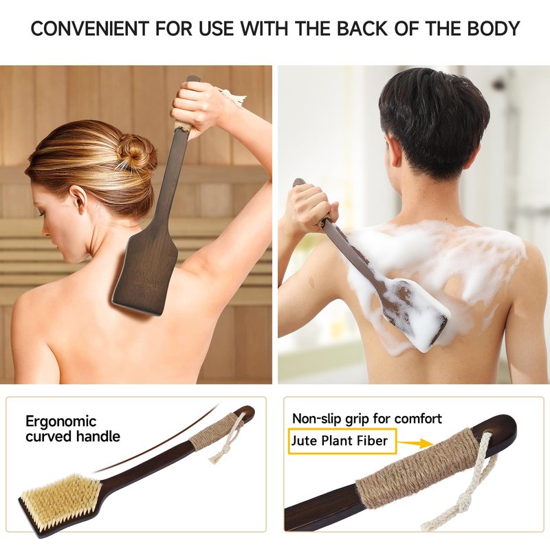 ENAMELEVO Back Scrubber Shower Brush,Dry Brushing Body Brush with 17.7 Inch Curved Long Handle, Natural Bristles for Lymphatic Drainage, Soft & Stiff Bristles Available (Soft-Fine Boar Bristles)