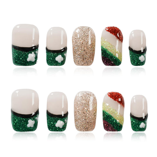 Tesytto Medium Square Press On Nails, Nude with Green Glitter French Tips and Hand-Painted White Clover, Rainbow Glitter Gradient Thick Acrylic Nails (Size S)