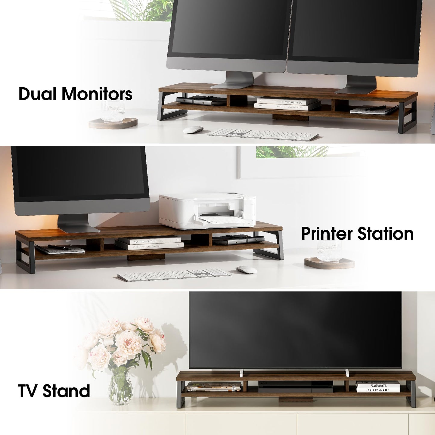 Fenge Dual Monitor Stand for Desk, 42.5in Large Monitor Riser for 2 Monitors, 2 Tier Computer Office Desk Top Shelf, Desktop Storage Stand for Laptop, PC, Computer, Printer