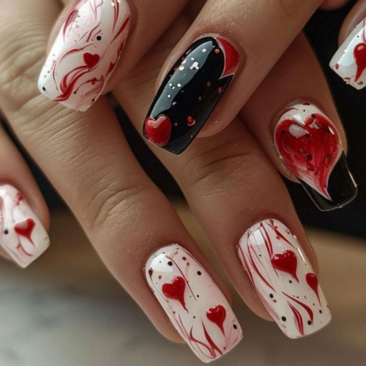 Valentine's Day Press on Nails Medium Length Fake Nails Black White Stick on Nails with Glossy designs Acrylic Nails Heart Love Stripe False Nails Full Cover Glue on Nails for Women 24pcs