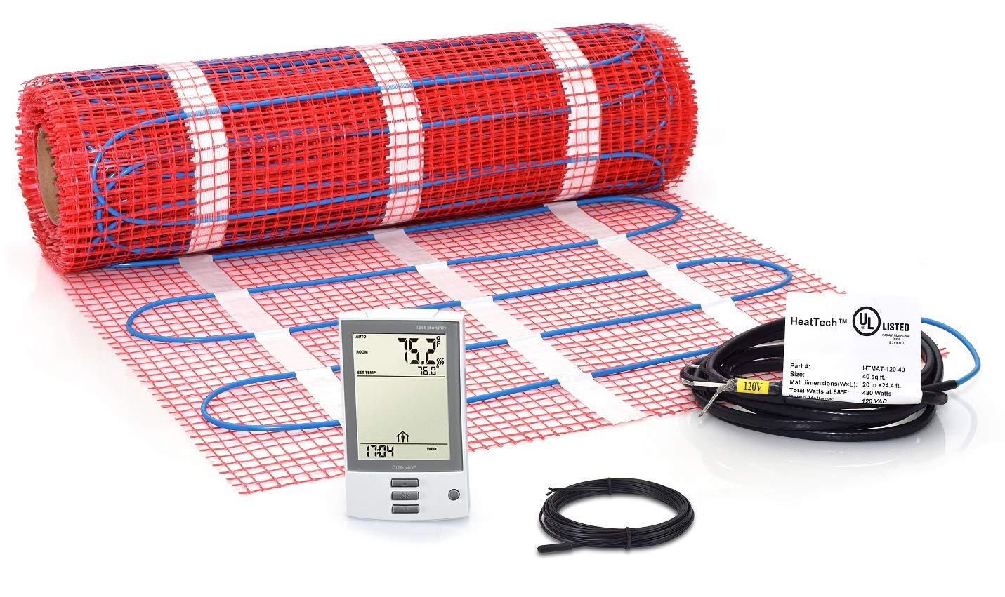 40 sqft Floor Heating Mat Kit 120V, Electric Tile Floor Heating System, UDG-4999 Radiant Floor Heating Thermostat with GFCI, Floor Sensor. Heated Floor Mat Adhesive Backing. Tile, Stone, Vinyl