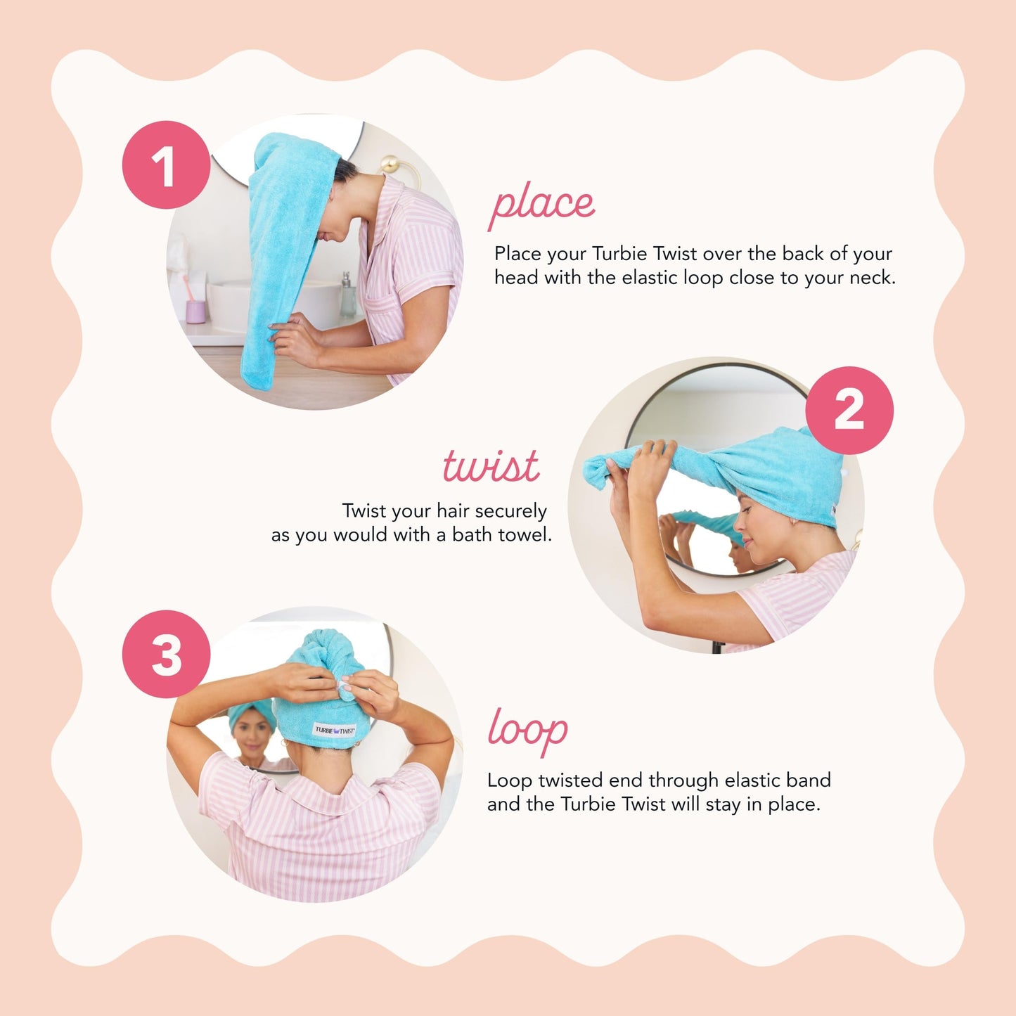 Turbie Twist 4-Pack Microfiber Hair Towel for Beauty, Travel, Gifting - Hair Wrap Turban for Straight, Wavy & Curly Hair - Premium Personal Care - Pink, Blue, Grey & White