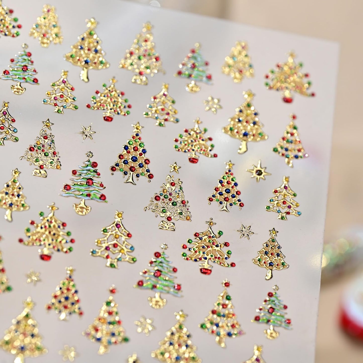 Christmas Nail Art Stickers Xmas Tree Nail Stickers 5D Embossed Self Adhesive Shiny Gold Design Rhinestone Nail Decals for Women Girls Winter Nails Charms Supply Decoration