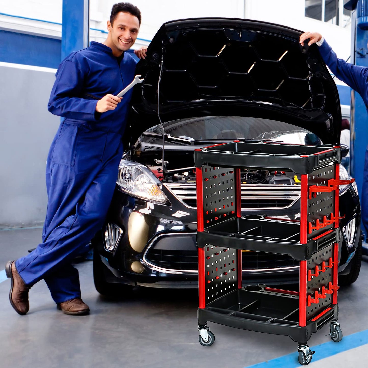 AstraLoom Heavy-Duty Car Detailing Cart for Garage & Workshop – 3-Tier Auto Tool Cart with 4 Tool Boards, 32 Hooks, Lockable Wheels & 440 lbs Capacity