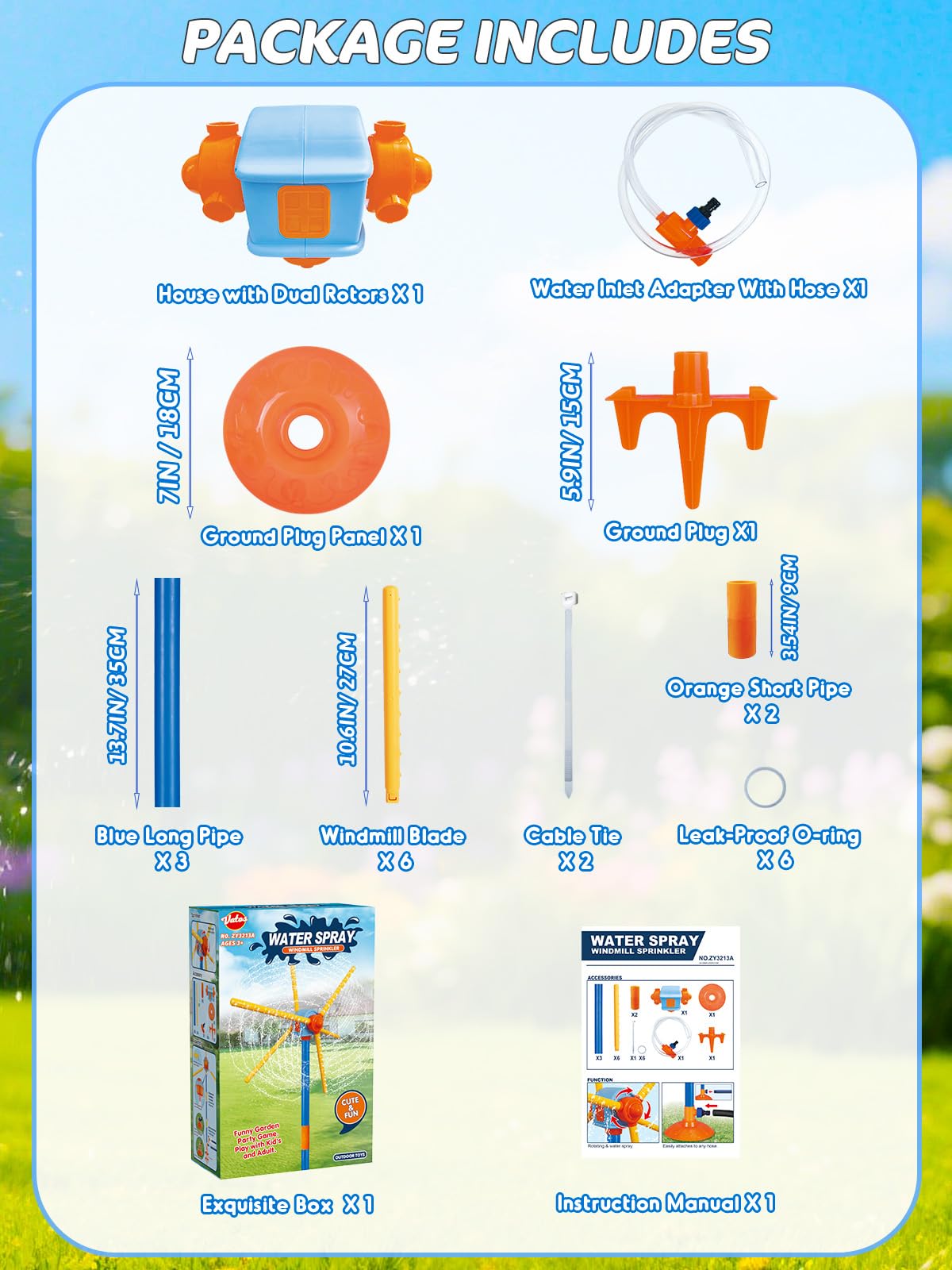 TERRAMUS 59" Windmill Water Sprinkler for Kids Summer Toys, 360° Spinning Splash Water Toy, Upgraded Double Sided with 6 Blades, Outdoor Backyard Games Summer Fun for Boys Girls Dogs & Garden Watering