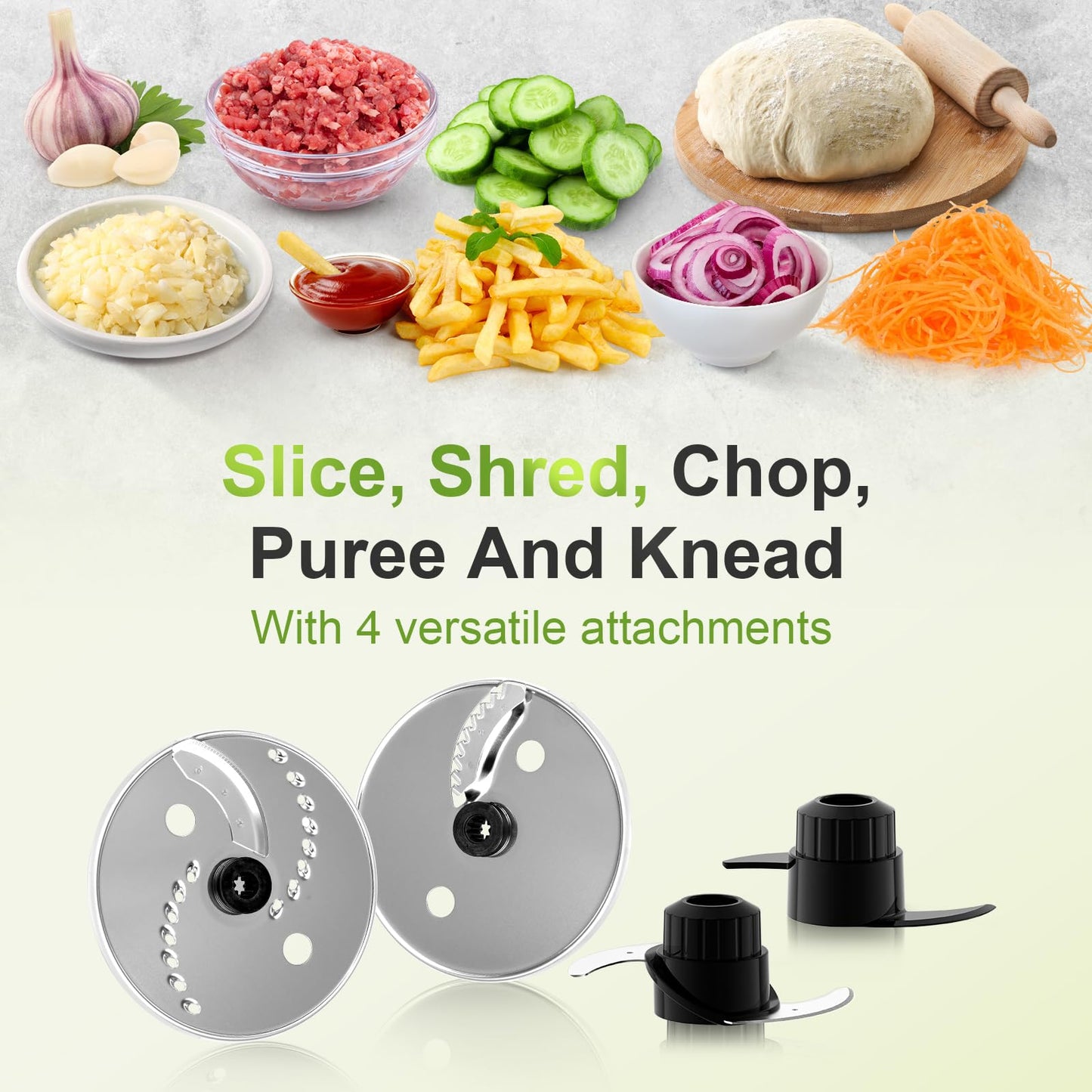 Facelle Electric Food Processor 10 Cup Large Bowl with 6.8oz Grinder, 600W Vegetable Chopper for Mincing, Dicing, Shredding, Puree & Kneading Dough, Great for Cheese Grater, Hummus, Meat and Salsa