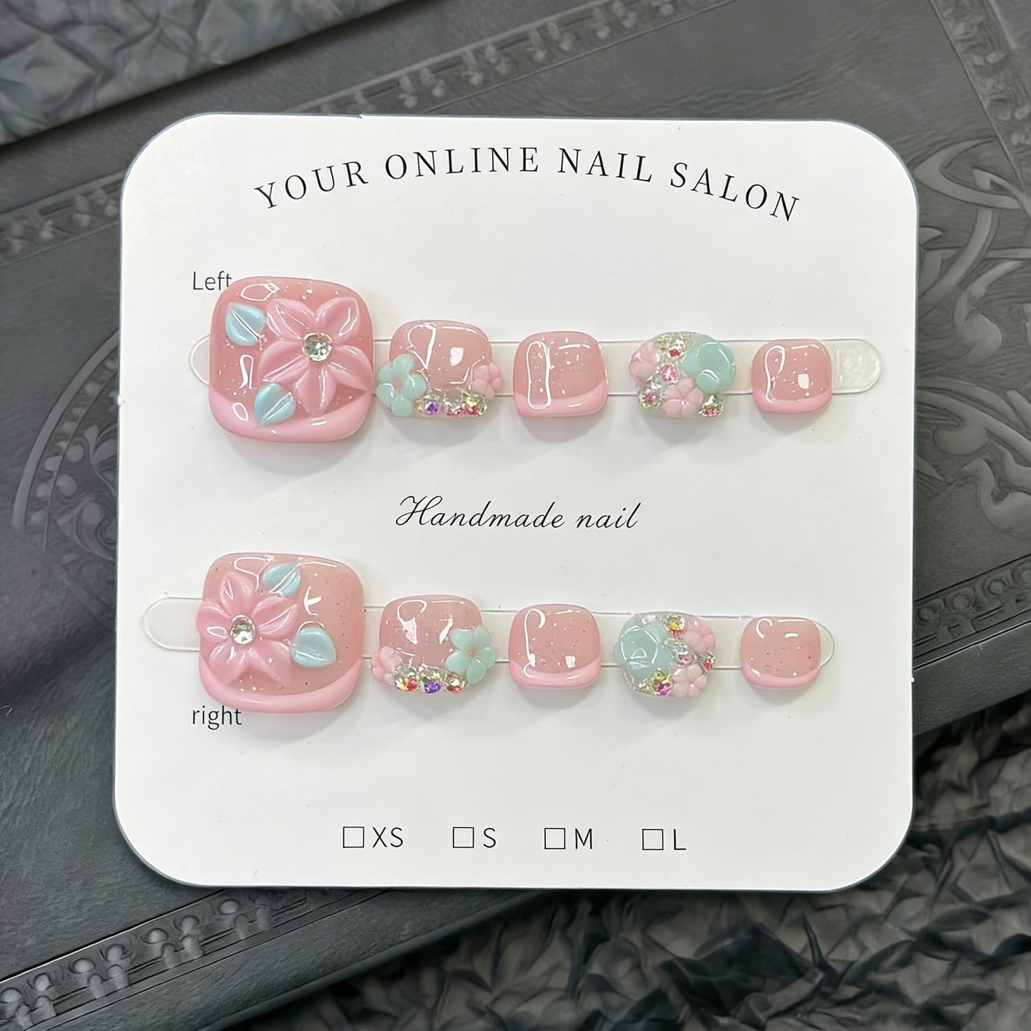 10 Pcs Handmade Luxury Press on Toenails with Handmade 3D Bling Rhinestones & Flower Designs Short Square Stick on Toe Nails Pink French Tip Fake Toe Nails for Women Manicure Decor (S)