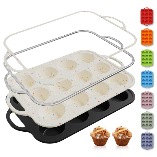 2 Packs 12 Cups Silicone Muffin Pan with Metal Reinforced Frame Regular Size Cupcake Pan Tray Egg Bites Oven Safe Silicone Molds Cookie Muffin Pan Tin Best Baking Sheets Non Toxic Clearance