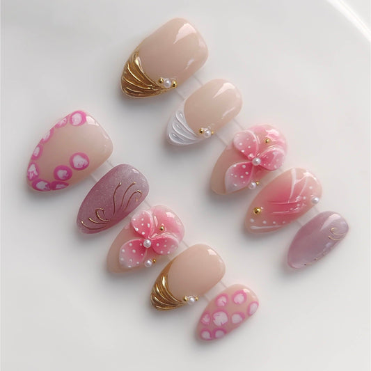 Gleamrain Handmade Press on Nails Short Almond for Women,Handcrafted Floral Design Reusable Full Cover Fake Nails for Daily Wear Party Birthday P204