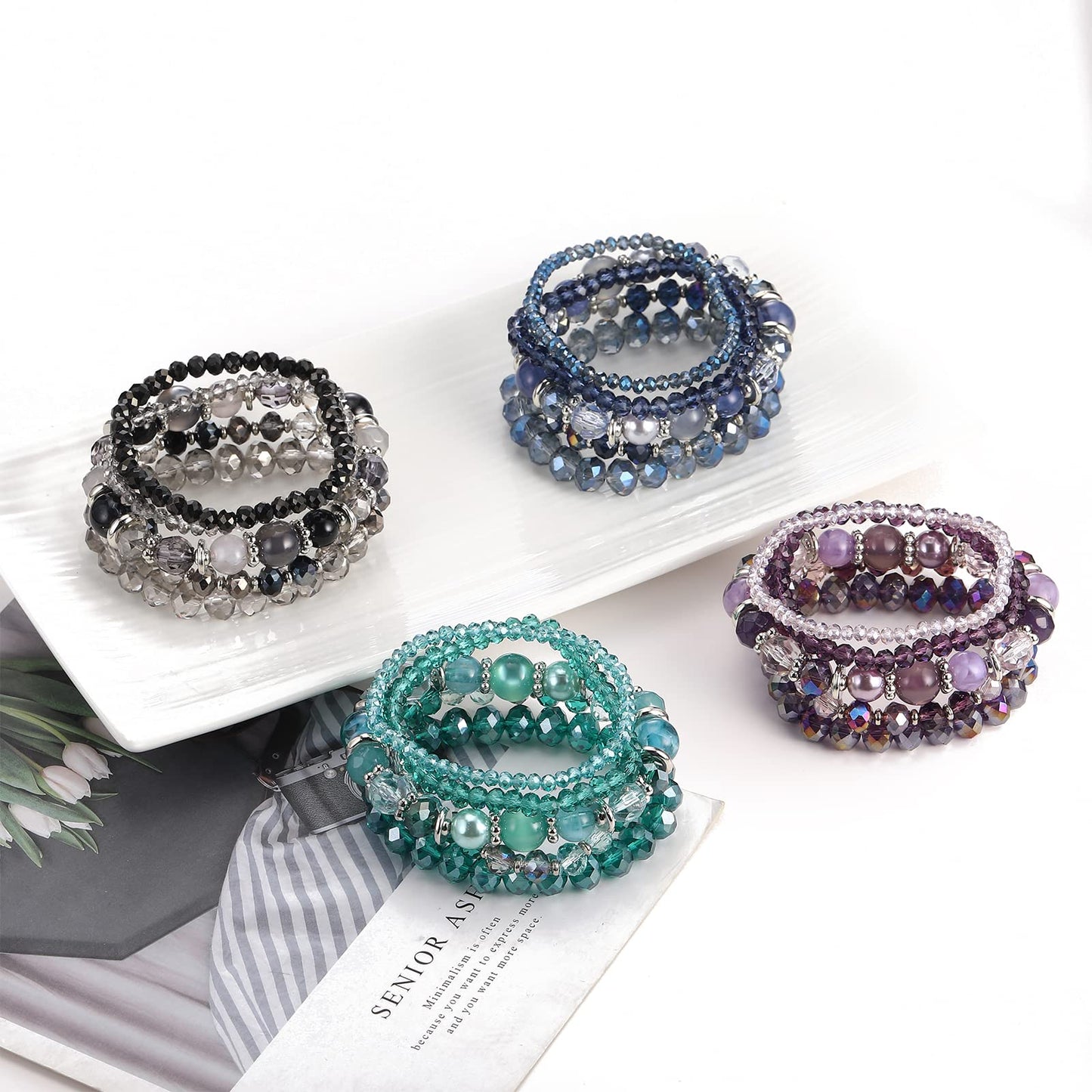Noessla Beaded Boho Stretch Bracelet Colorful Stackable Crystal Beads Bracelets Trendy Costume Jewelry Mothers Day Gifts for Women(21-Blue)