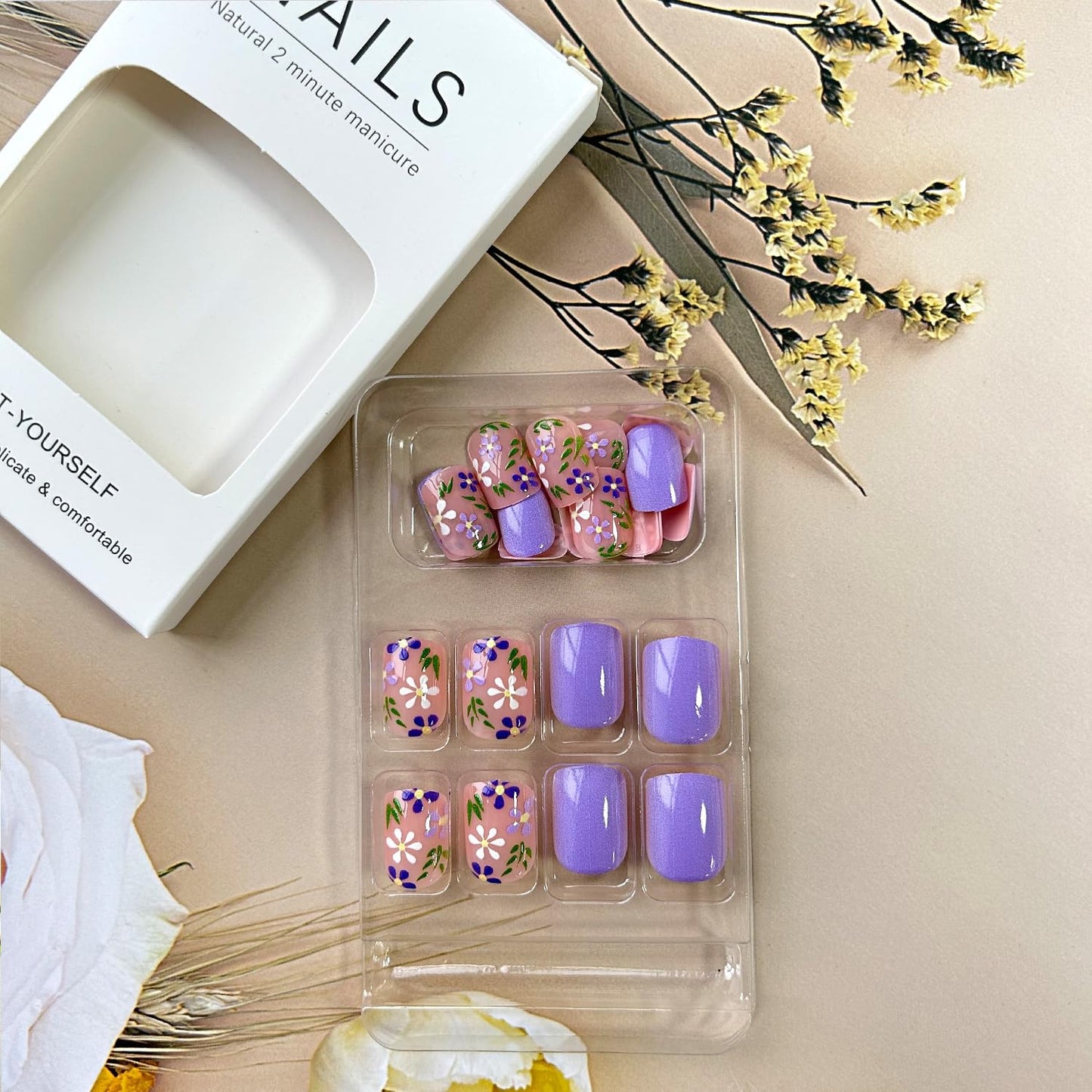 Press on Nails Short Length Flower False Nail with White Flower Green Leaves Design Purple Full Cover Glossy Acrylic Fingernails Oval Artificial Stick on Nail Reusable Glue on Nails for Women 24Pcs