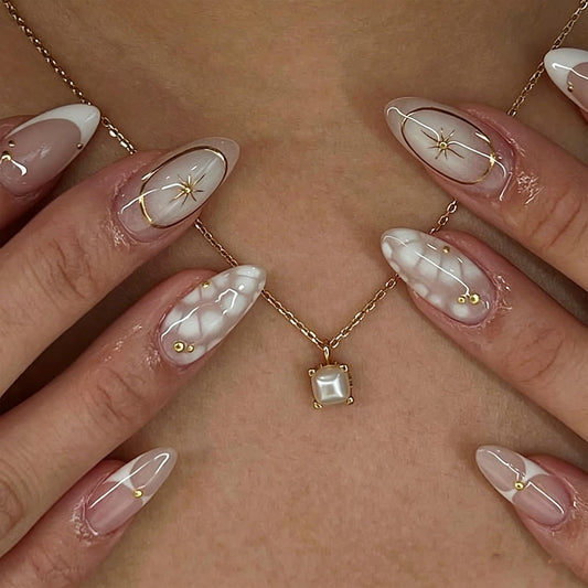 French Almond Press On Nails Medium Length, Nude Fake Nails with Starburst & Gold Line Design, Glossy Gel Finish Acrylic Nails, Reusable Glue On Nails for Women, 24Pcs