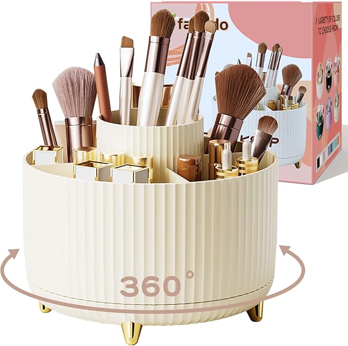 360Â° Rotate Makeup Brush Holder Organizer, Makeup Organizers Countertop, Makeup organization and Skincare Storage for Vanity, Desktop, Bathroom (Ivory)
