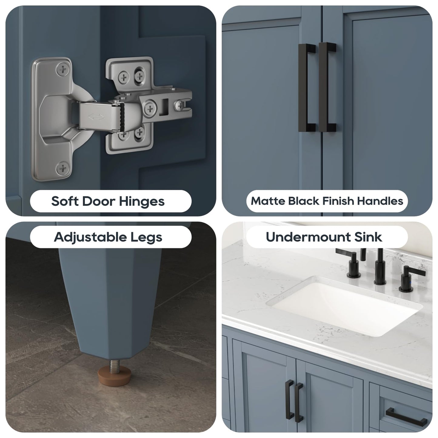 DELUXE LIVING 48 Inch Bathroom Vanity with Sink, Modern Steel Blue Bathroom Cabinet with Soft Closing Doors & Dovetail Drawers, Quartz Countertop, No Assembly Required