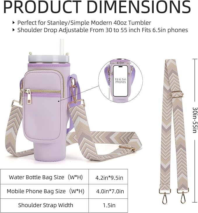 GOEWY Water Bottle Carrier Bag for Stanley 40/30 oz Tumbler with Phone Pocket Neoprene Water Bottle Holder with Shoulder & Handheld Strap Stanley Cup Accessories
