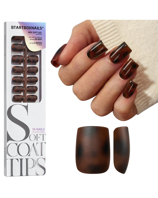 BTArtboxnails SOFTCOATTIPS Press On Nails - Tortoiseshell Short Square Press On Nails, 96Pcs Salon Quality Soak Off Soft Gel Nail Tips in 16 Sizes