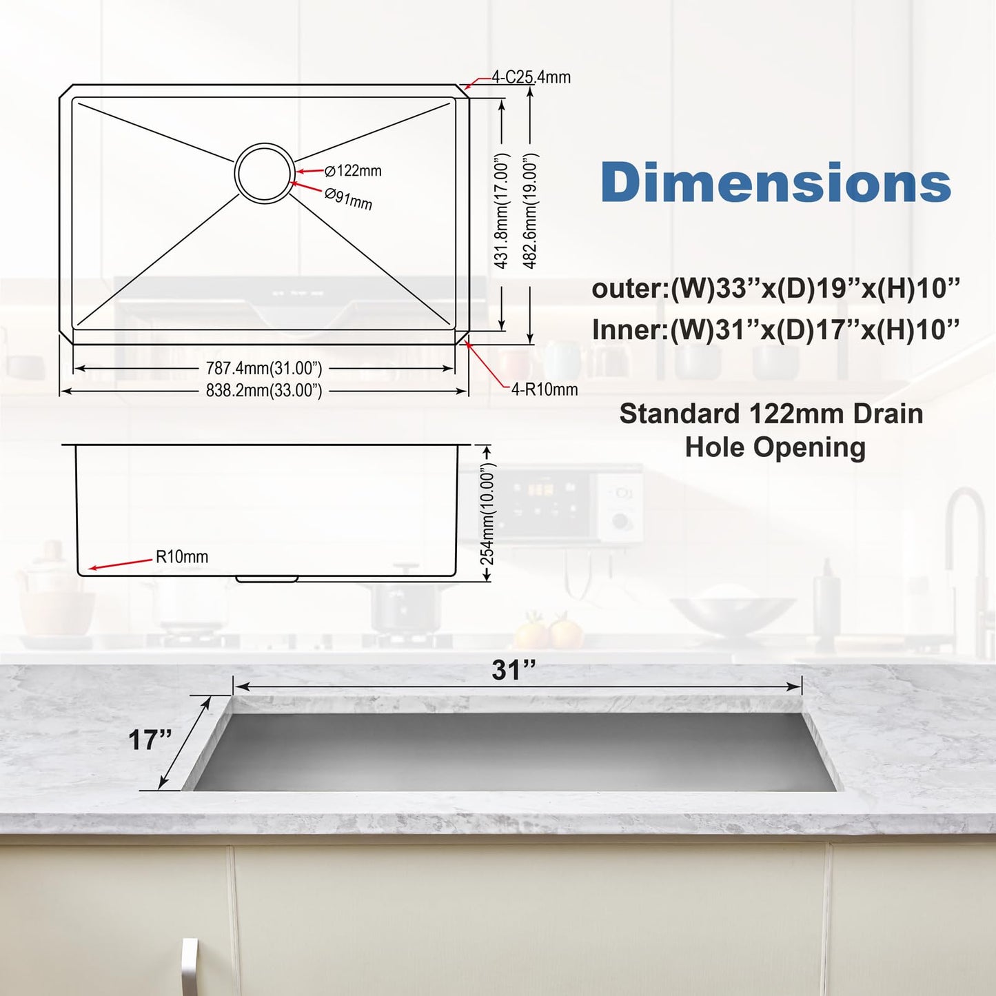 HALOACE 33 Inch Undermount Kitchen Sink Single Bowl,304 Stainless Steel Kitchen Sink, Include Dish-DryingRoll-up Rack Accessories, (Undermount Single Bowl, 33Inch Silver)