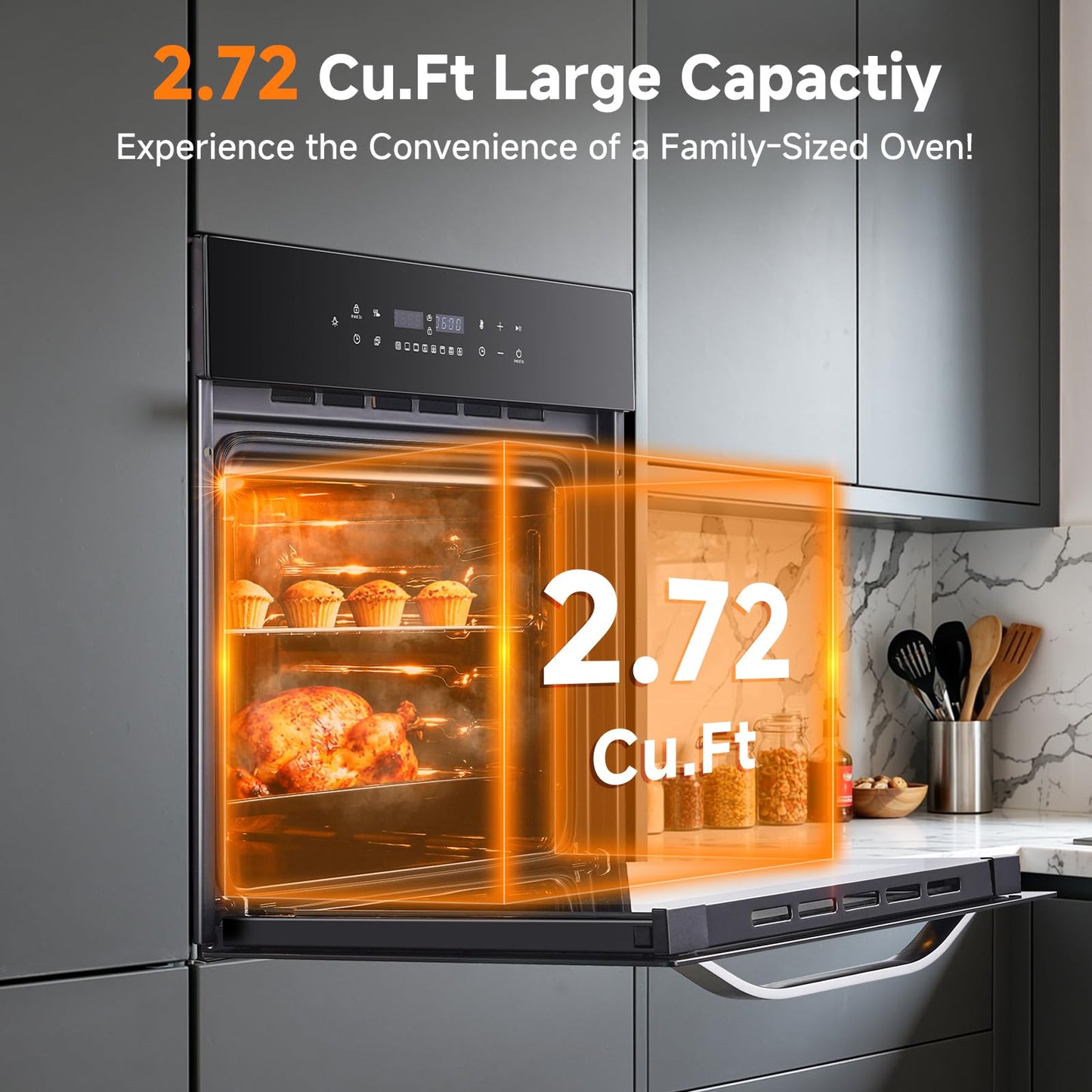 AMZCHEF Wall Ovens 24 inch Electric: 2800w Single Wall Oven with 8 Cooking Modes, 2.72 Cu.Ft. Electric Wall Oven, Convection Oven with Touch Control, Black