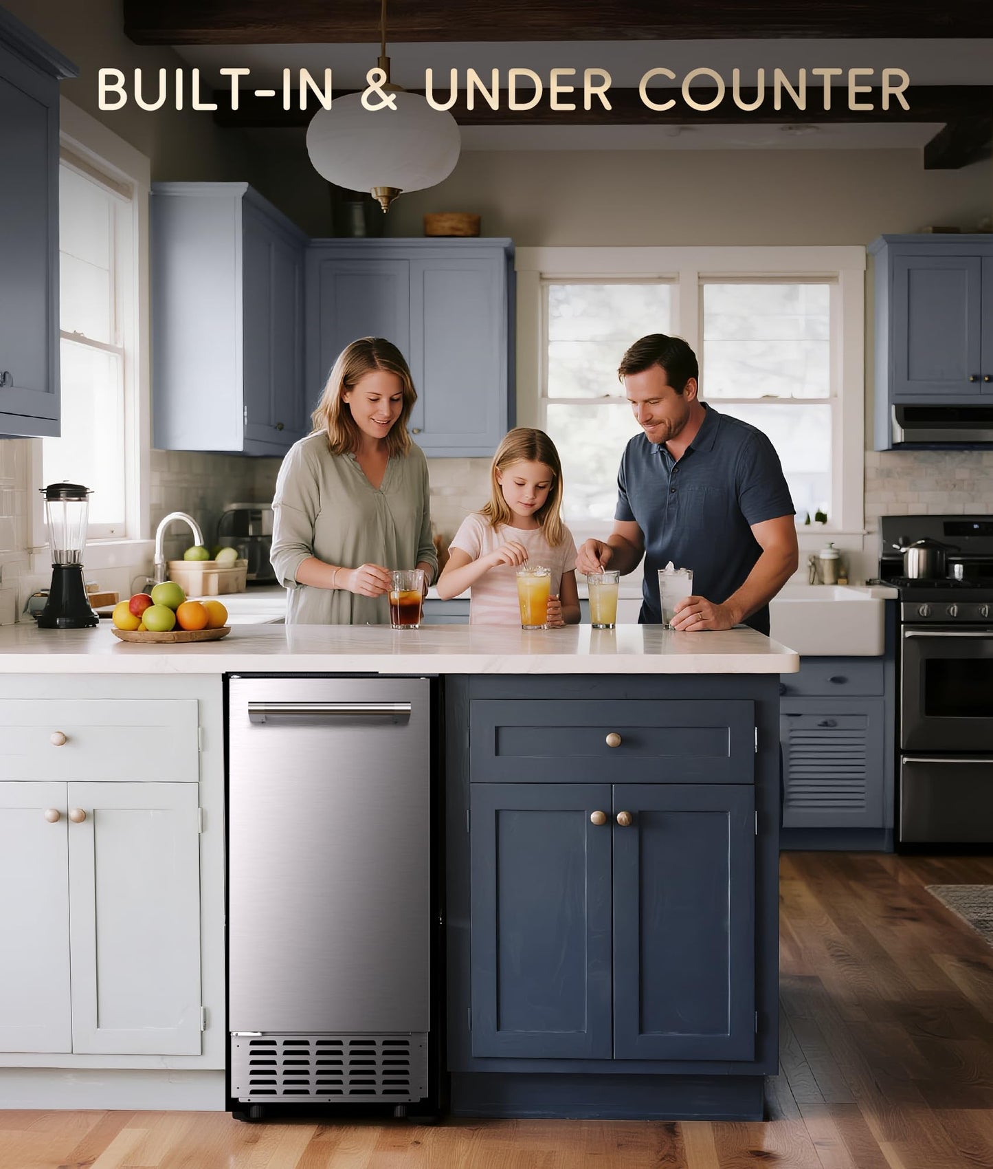 ecozy Under Counter Nugget Ice Maker Machine, Bulit-in & Freestanding, Horizontal Handle, Reversible Door, 66 Lbs/Day, Thickened Viewing Glass Window, Self-Cleaning & 24H Timer, Stainless Steel