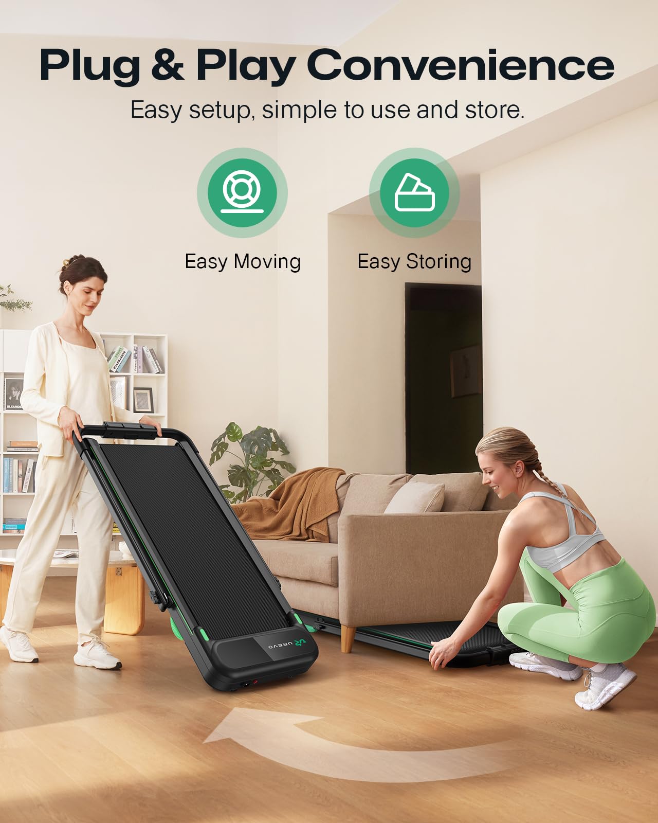 UREVO Strol 2E Smart 2-in-1 Folding Treadmill, Compact Walking Pad with Safety Handle, Plug and Play, Dual LED Display, Workout APP, Walking or Running for Home Office, Remote Included, Flaxen