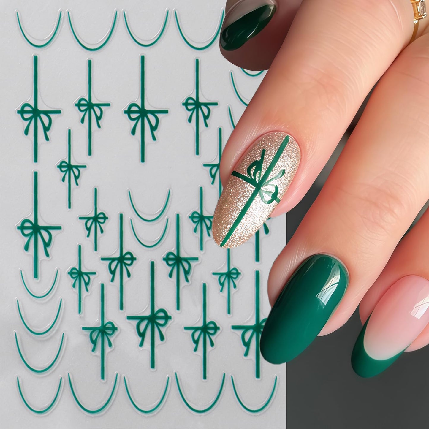 6 Pcs Christmas Nail Art Stickers Decals Pink White Glitter Snowflake Nail Decals with Green Gift Box Bow Green French Line Nail Design Pink Candy Stripe Nail Supplies for DIY Manicure Winter Xmas DIY