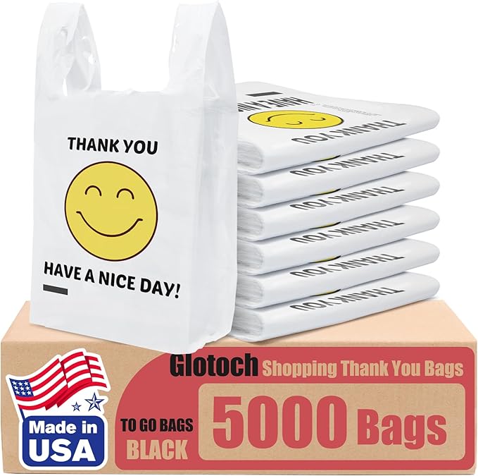Glotoch 5000 (5K) Ct Plastic Thank You T-shirt Bags Smile Face, 11.5 x 6.5x 21" Have Nice Day Grocery Shopping Gift Bag with Handle for Restaurant, Retail, Takeout, Convenience Store, in Bulk Business