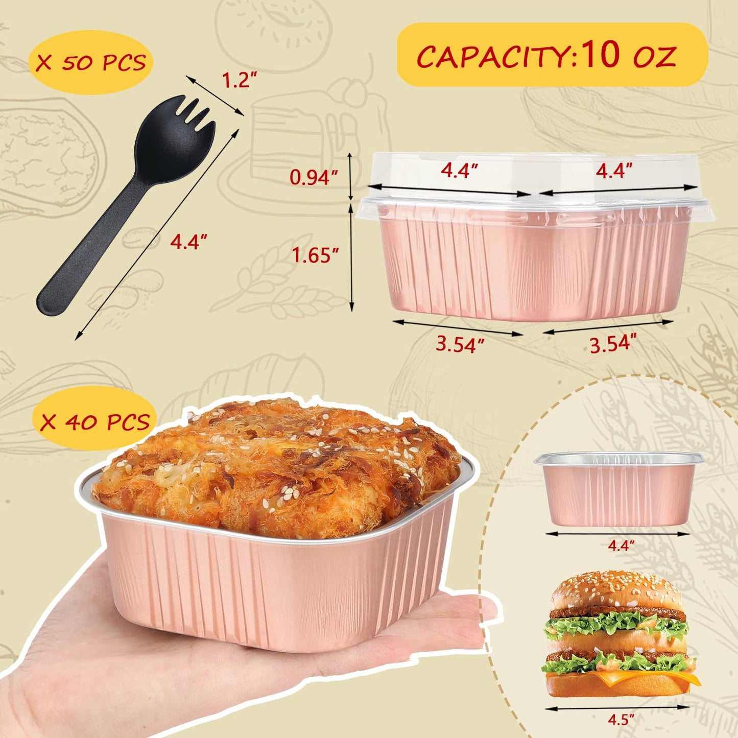 10oz Mini Cake Tins With Lids 40 Pack,LNYZQUS Aluminum Foil Small Baking Pans Disposable Large Brownie Baking Cups,4”x4” Small Bread Muffin Containers Holders For Party-Champagne