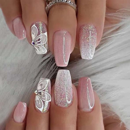 Pink Fake Nails Short Press on Nails Coffin False Nails with White Floral Designs Pink Full Cover Stick on Acrylic Nails Glitter Glossy Glue on Nails for Women