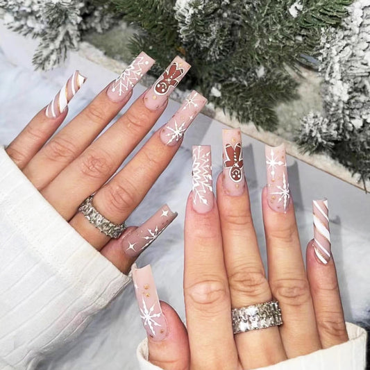Cute Gingerbread Man Press on Nails Snowflake Stick on Fingernails Glossy Gold Glitter Acrylic Fake Nail Christmas Long Square False Nails 24Pcs Curve Line Gel Glue on Nail for Women Xmas Gift