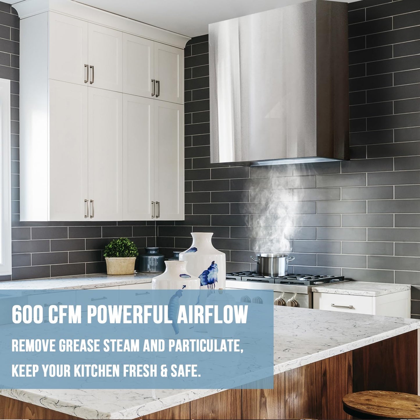 Akicon Stainless Steel Range Hood, Modern Box Kitchen Hood with Powerful Vent Motor, Wall Mount, 30”W*30”H*14D, Signal White (AK-HS30H-SW)
