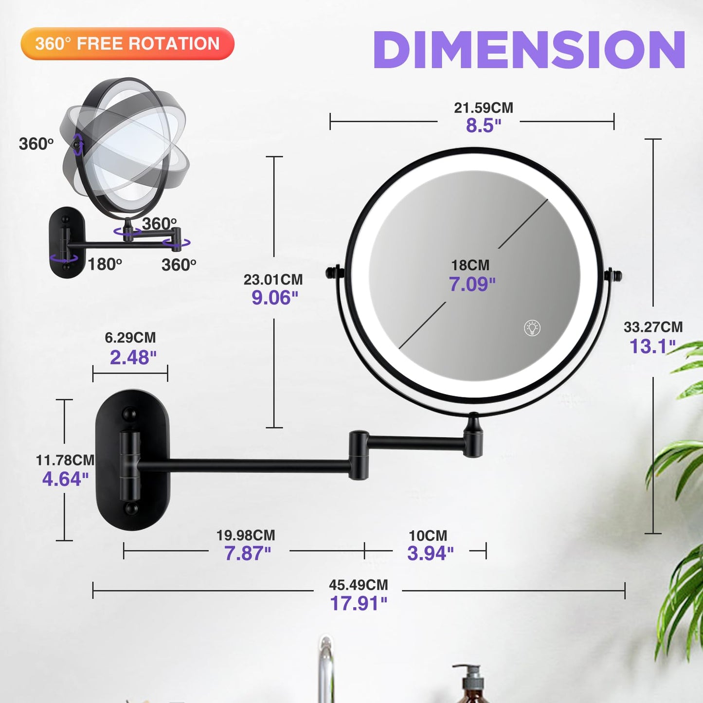 VORREMIRR 20X Magnifying Mirror with Light: 8.5 Inch Lighted Makeup Mirror, Wall Mount, 360 Rotation, Touch Screen, Rechargeable, Brushed Nickel