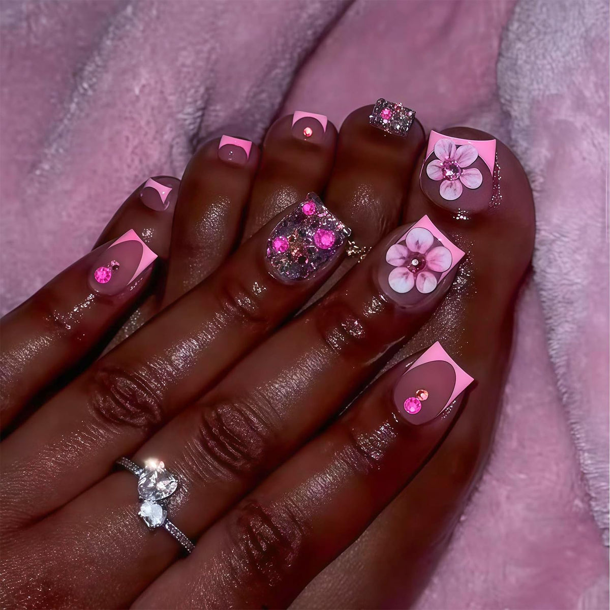 Pink French Tip Press On Nails Short Square & Press On Toenails Set With 3D Flower & Rhinestone Nails Press Ons Nude Pink Fake Nails Summer Acrylic Nails Full Cover Glue On Toenails For Women 48Pcs