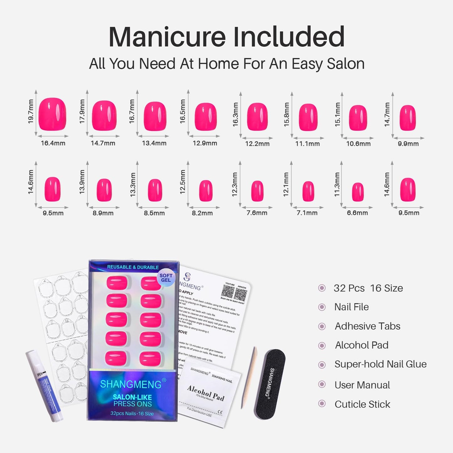 Hot Pink Press on Nails Extra Short - SHANGMENG Soft Gel Pure Press on Nails Squoval for Women Gift, Natural Fit & Glossy Glue on Nails with Glue in 16 Sizes - 32 Reusable Fake Nails Kit, Pink Punch