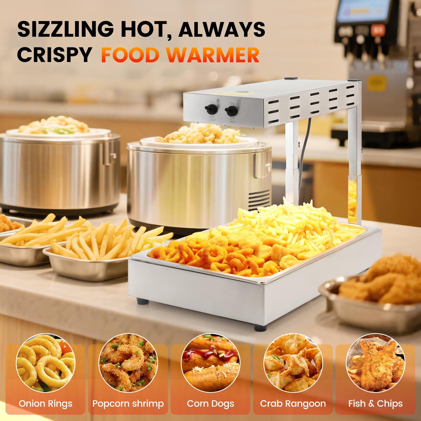 Dyna-Living French Fry Warmer - 3 Level Adjustable Height French Fry Warmer Commercial 10L Countertop French Fries Heat Lamp Commercial Food Heating Lamp for Food Truck Chips Buffet Restaurants 500W