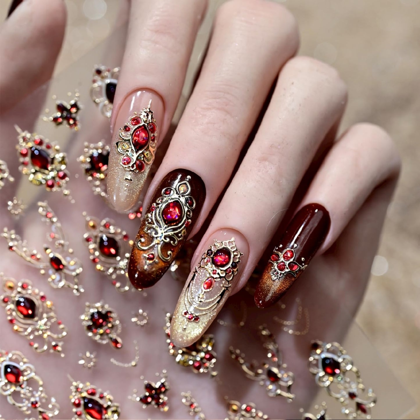 5D Embossed Red Gemstone Nail Art Stickers Gold Nail Stickers Gold Red Baroque Nail Decals for Nail Art Gem Nail Design Nail Supplies for Women Girls DIY Manicure Decoration