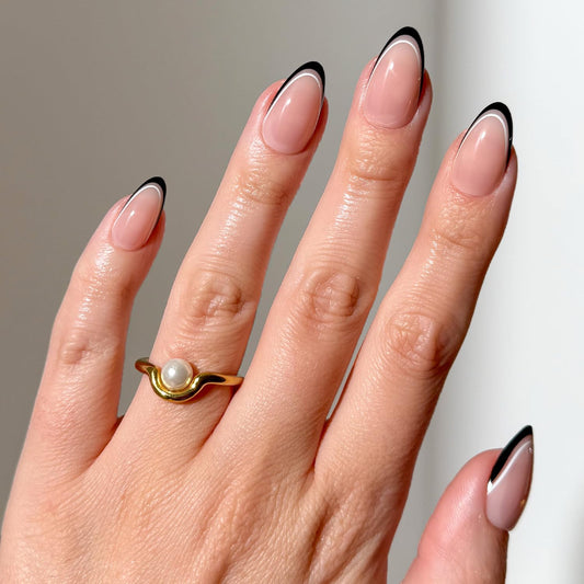 Glamnetic x GLAMZILLA Press On Nails - NO IN BETWEEN | Short Almond Fake Nails, Black & White Micro French Tips, Salon Quality, Everyday | 15 Sizes - 30 Nail Kit with Glue