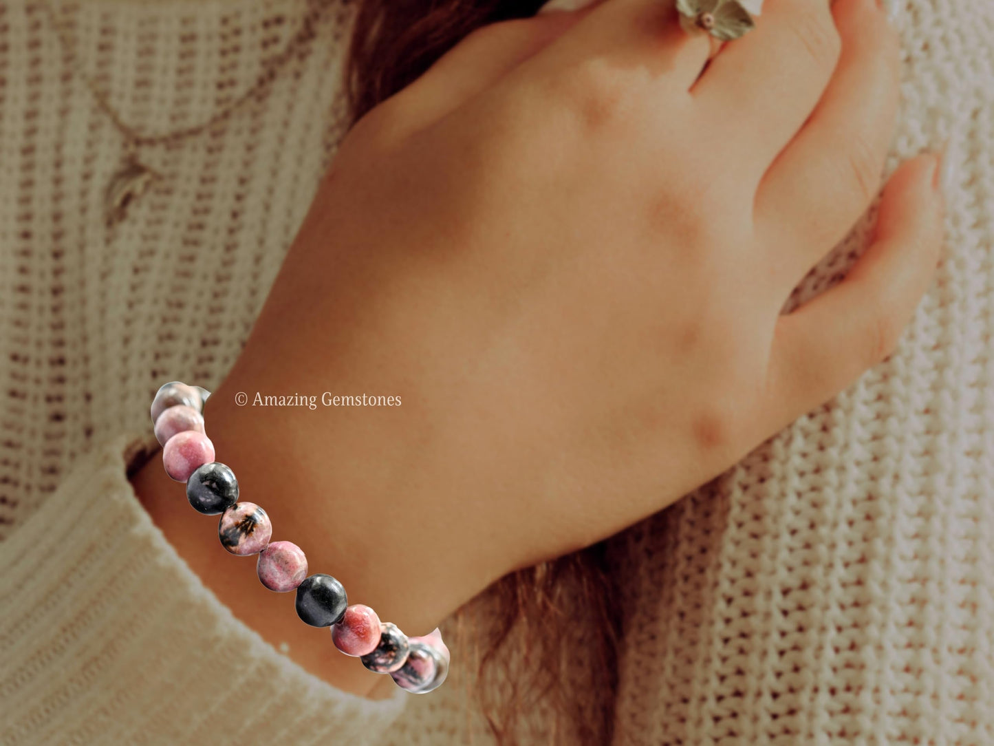 Amazing Gemstone Crystal Bracelet for Women Men's Gifts - Protection Healing Crystal Bracelet - 8mm Gemstone Beaded Stretchable Bracelet Pulseras Para Hombres Mujer Stocking Stuffers Mothers Day Gift (Rhodonite with Black Matrix)