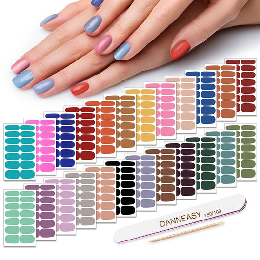Nail Polish Strips - Solid Color, DANNEASY 24 Sheets Adhesive Nail Polish Stickers Full Nail Wraps Gel Sticker Nails for Women Girls Nail Art Supplies with 1Pc File, Cuticle Stick